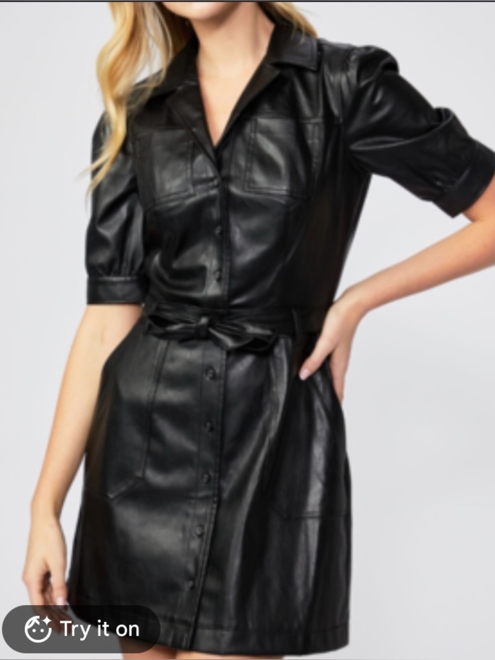 Black Faux Leather Shirt Dress with Tie Waist